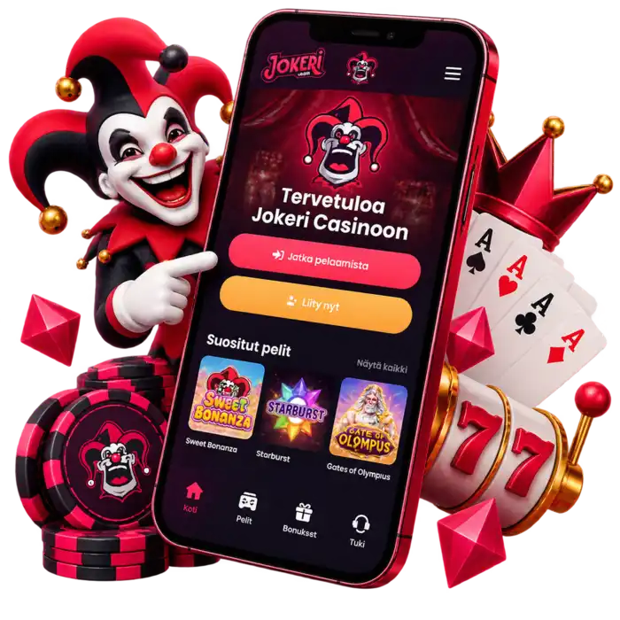 Jokeri Casino puhelimen näytöllä, pelivalikoima ja alavalikko